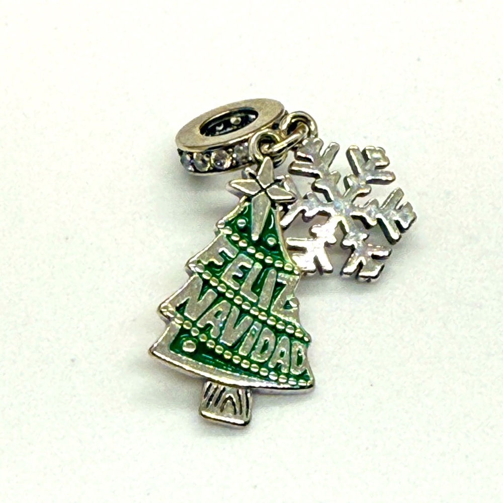 Sterling Silver “Feliz Navidad” Christmas Tree & Snowflake Charm – New